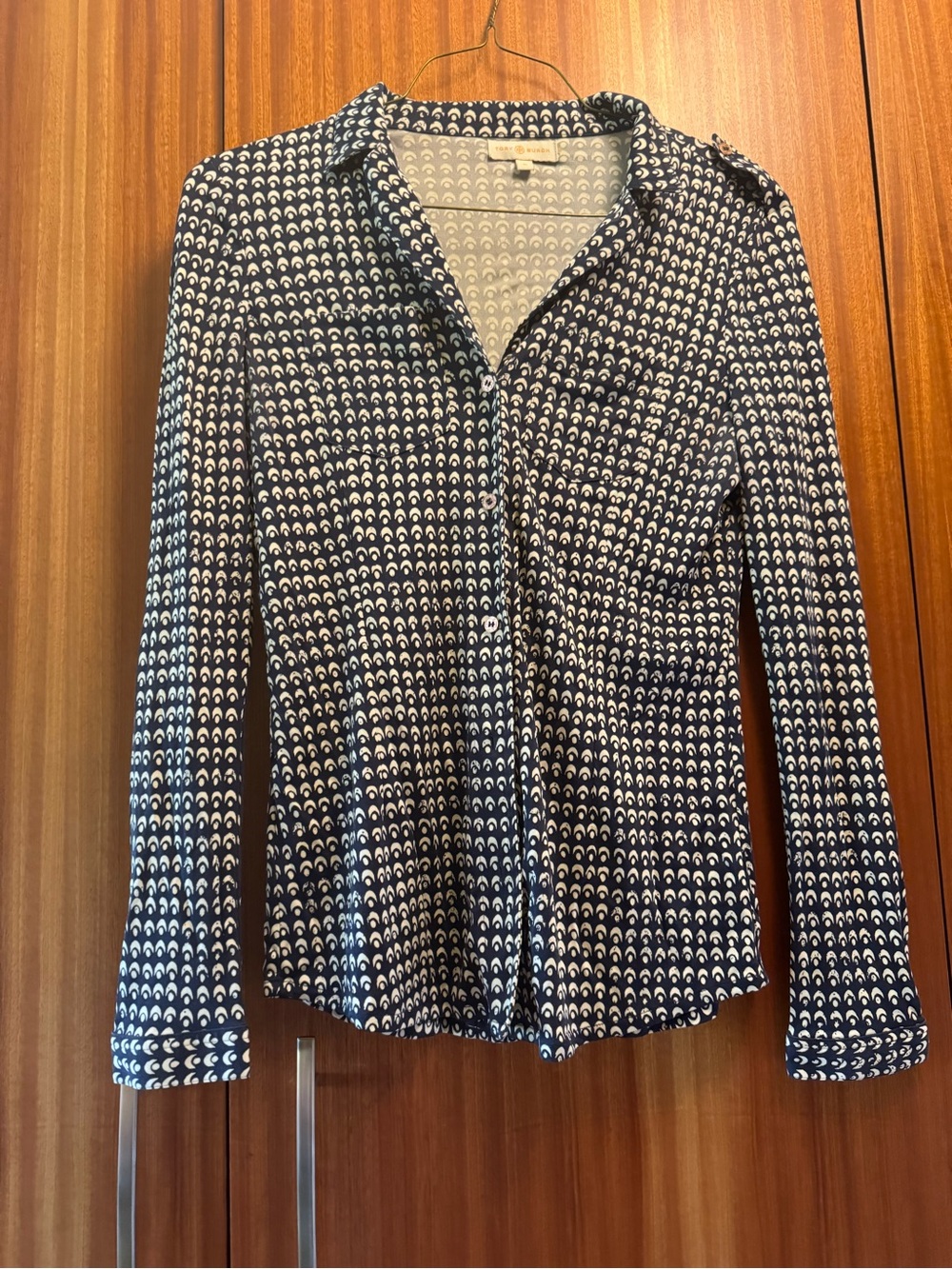 Tory Burch Navy and White Stretch Silk Shirt